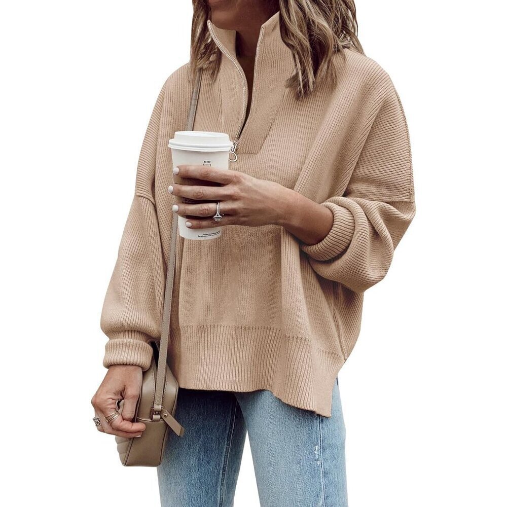 Women's Oversized Knit Sweater Khaki Long Sleeve Zip Pullover Fall Warm Chic